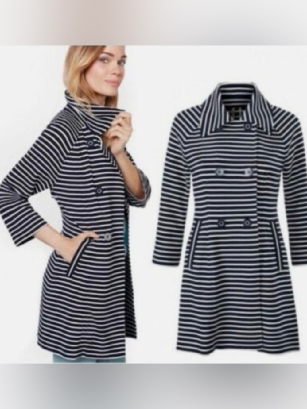 CAbi Striped Maritime Double Breasted Trench Coat, Ponte Knit, Size M, Navy